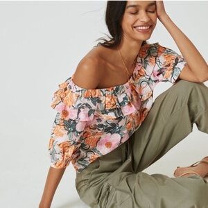 Floral One-Shoulder Ruffle Top - Pink & Orange